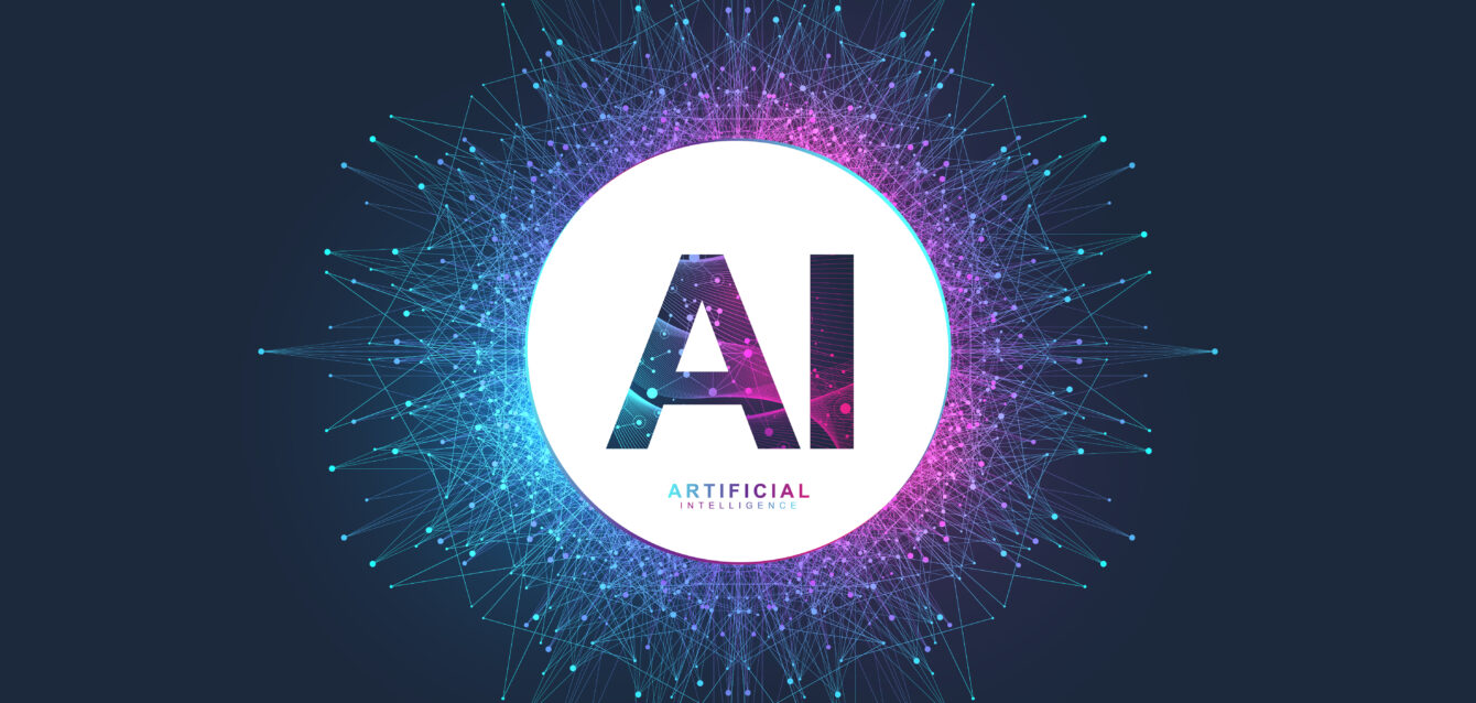 Artificial Intelligence Logo. Artificial Intelligence and Machine Learning Concept. Vector symbol AI. Neural networks and another modern technologies concepts. Quantum computer technology concept.