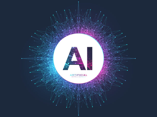Artificial Intelligence Logo. Artificial Intelligence and Machine Learning Concept. Vector symbol AI. Neural networks and another modern technologies concepts. Quantum computer technology concept.